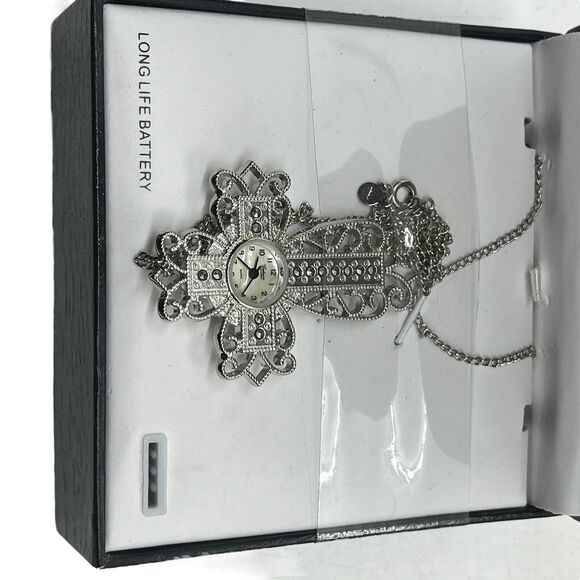 Galaxie By Elgin Cross Pendant Necklace Watch Women Silver Tone In Box Untested main image 6